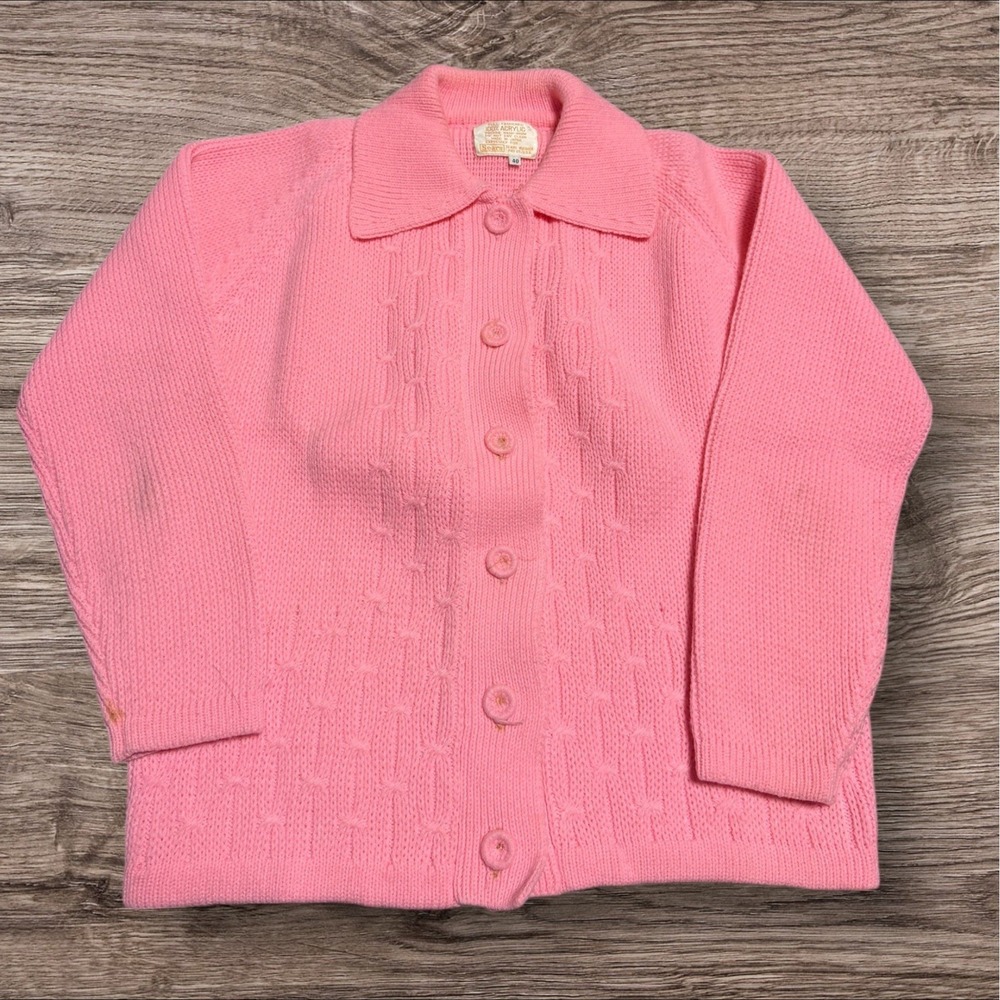 VINTAGE 70s Sears Sweater Womens Pink Acrylic Knit Wood Button‎ Up Cardigan 40